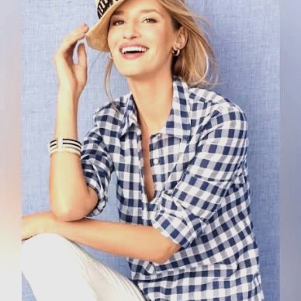 Women's TALBOTS Blue White Gingham Plaid Long Sleeve Shirt Tunic Button Top 3Xp